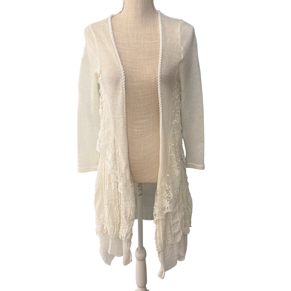 Simply Couture White Lace Open Front Waterfall Cardigan Size Small Coquette